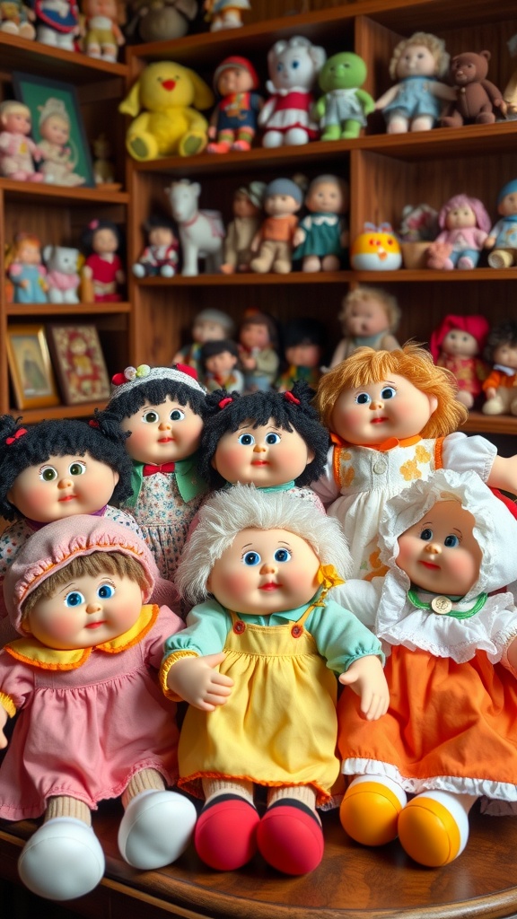 Collectible Vintage Cabbage Patch Dolls by Xavier Roberts A display of vintage Cabbage Patch Dolls by Xavier Roberts, highlighting their charming faces and colorful outfits in a nostalgic setting.